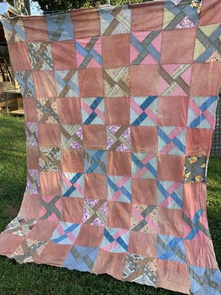 Vintage Hand & Machine Pieced Cotton Windmill Variation Quilt Top Set In Pink