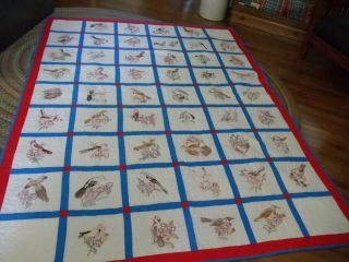 Vintage Hand Embroidered Hand Quilted 50 State Flower & Bird Quilt 99 X 73 In