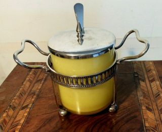 Art Deco Lemon Glass Conserve Jam Mustard Pot Silver Plate Stand,  Lid & Spoon.