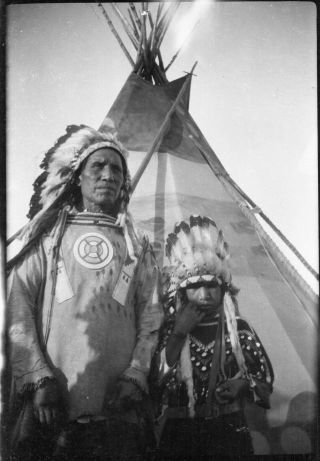 B/w Photo Negative - American Indian Adult Man With Child - Tepee In The Back