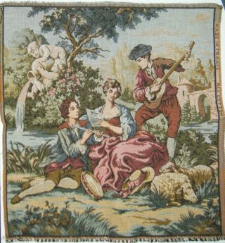 Antique Woven French Victorian Tapestry 20x19 " Lady Musicians Sheep