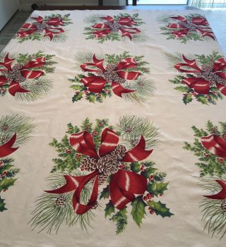 Vintage Tablecloth Wilendur Christmas Holly Berry Pine Cone Bows Banquet 55x47