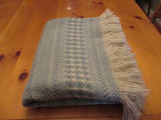 Vintage Pendleton Pure Wool Blue & Cream Throw Blanket W/ Fringe 50x 64 Vgc
