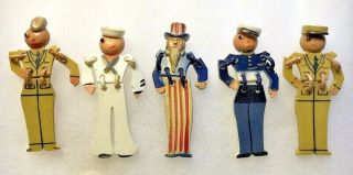 Wwii Plastic " Buddies " Pins Set Of 5 - All Have Movable Arms & Torso