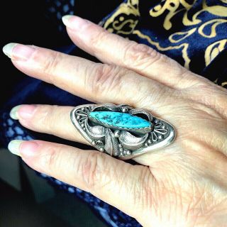 Vintage Sterling Silver Ring Turquoise Ellen Myrtle Southwestern Long Large 9.  75