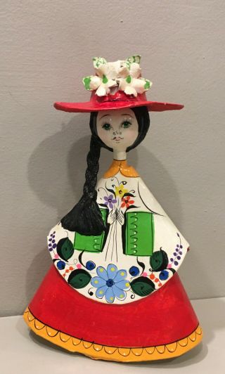Vintage Ser Mel Sermel Tonala? Paper Mache Mexican Folk Art Doll Red Hat