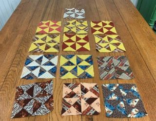 Early C 1860 - 70s Broken Dishes Quilt Blocks Blues Browns 13
