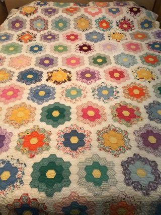 Vintage Quilt Grandmothers Flower Garden Colorful Feed Sack 30s? 40s? 92 X 68