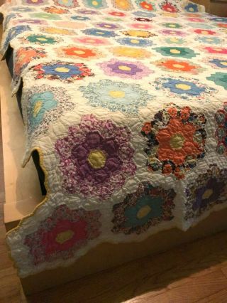 Vintage Quilt Grandmothers Flower Garden Colorful Feed Sack 30s? 40s? 92 x 68 2