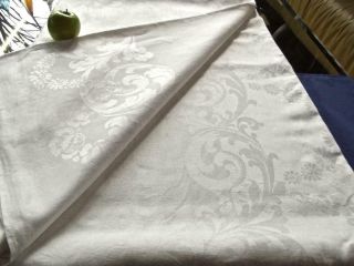 Vintage White Irish Linen 84x120 Banquet Tablecloth Damask Floral Garlands