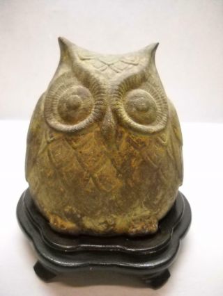 Vintage Bronze Rustic Owl Sculpture Round Painted Custom Wooden Stand