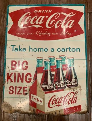Rare 1950’s Coca Cola King Size Six Pack Bottles Fishtail Metal Sign