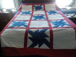 Vintage Hand Quilted Red White & Blue Quilt 72 " X 100 "
