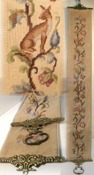 53 " Needlepoint Petit Point Brass Bell Pull Hanging Tapestry Birds Beasts Floral