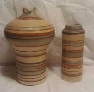 2 Vintage Mid Century Modern Art Pottery Vases Geometric Midwest Style Decor Sig