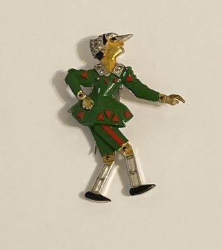 Rare Vintage Book Piece Enamel Pennino Pinocchio Rhinestone Brooch Pin Clip