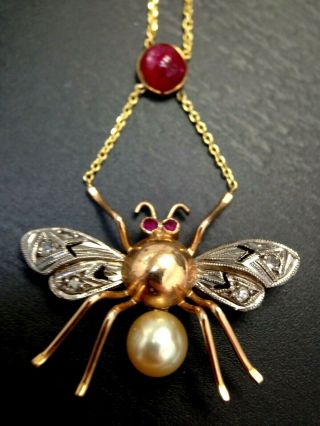 Cute Art Deco Fly Bug Pendant With Natural Rubies And Diamond 14k Yellow Gold
