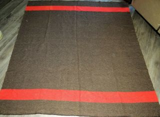 Vtg Baron Woolen Mills Wool Brown W Red Stripe Blanket 82 " X90 " Cabin Camp Lodge