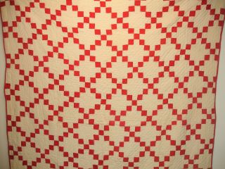 Q7,  Vintage Red And White 9 Patch Quilt,  Dated 1915,  Hand Quilted,  78 X 61 In.