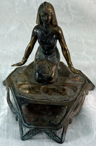 Art Deco Egyptian Lady Figurine Spelter Desk Stand / Pin Tray Vaulines France