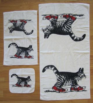 Vintage B.  Kliban Sneaker Cat Linens Towel Set Beige Hand Washcloth Bath 3