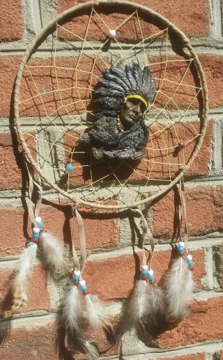 20 " Dream Catcher Chief Blackfeather》suede Wall Hanging W Beads & Feathers