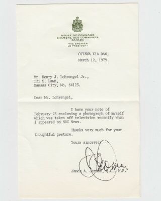 James Jerome (1933 - 2005) Speaker Of House Canada Autograph Typed Signed Letter