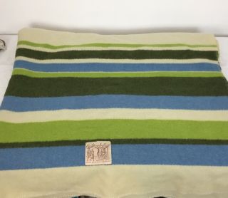 Vintage Faribo Wool Blanket Throw Striped Large 72” X 87” Green Blue