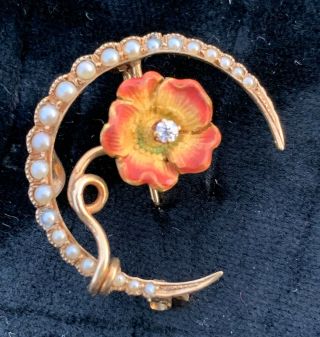 14k Gold Enameled Poppy Pin With Diamond