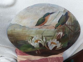 Antique Victorian Oval Oil Painting On Board Kingfisher Birds Water Lily Flowers