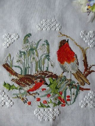 Vintage Hand Embroidered Picture/cross Stitch/robins,  Snowdrops,  Holly Berries