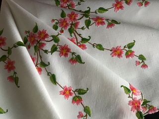 Gorgeous Vintage Linen Hand Embroidered Tablecloth Trailing Pink Blossoms