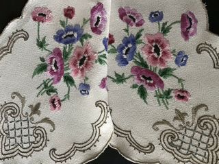 Gorgeous Vintage Hand Embroidered Table Runner Anemones