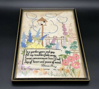 Vintage 1930s Needlepoint Tapestry Framed Art Picture Garden By Patience Strong