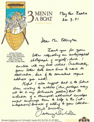 Jeremy Nicholas - English Actor/musician " Three Men In A Boat " Etc Signed Letter