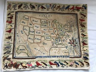 Folk Art - Vintage Usa Map With State Birds Embroidered Sampler On Linen