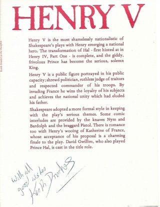 Keith Drinkel As The Dauphin In Henry V Signed Programme