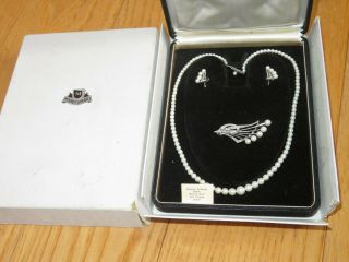Mikimoto Pearl Vintage Sterling Silver Necklace Earrings Brooch Set Authentic