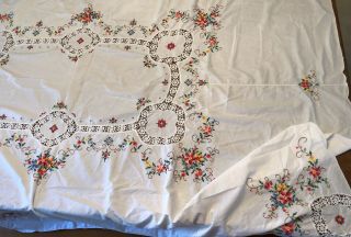 Vintage Linen Tablecloth Embroidery Cross Stitch Flowers Crochet Cutout 80 " X62 "