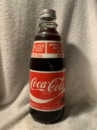 Rare Full 1 Liter Coca - Cola No Deposit Plastic Coated Acl Soda Bottle