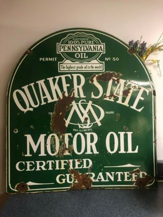 Dsp Quakerstate Quaker State Tombstone Porcelain Gas Station Pump Oil Sign