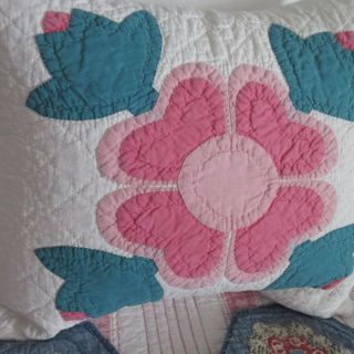 Charming Vintage Cottage Pink Rose Applique Quilt Pillow Sham 14 1/2 " (2)