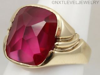 Heavy Antique Art Deco Large Faceted Top Cushion Ruby 10k Solid Gold Men 