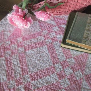 Vintage Pink White " Young Mans Fancy " Table Or Doll Quilt 18x18