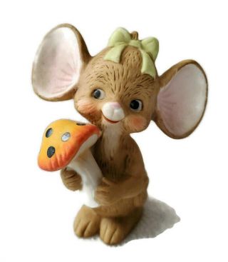 Vintage Lefton Mouse Figurine Big Ears Merry Mushroom Green Bow Ceramic 3.  5 "