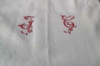French Antique Linen Sheet Hand Loomed Homespun Red Monogram 