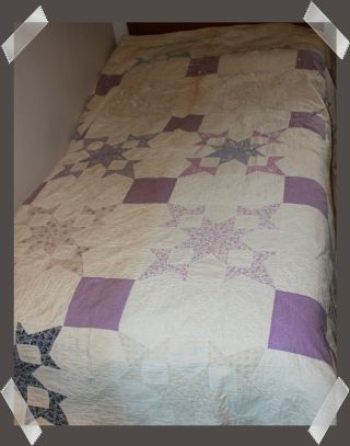 Antique Handmade Quilt White Background W/ Lavender,  Purple Color In The Pattern