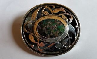 Period White Metal Silver Arts And Crafs Brooch Cabochon And Pierced Front