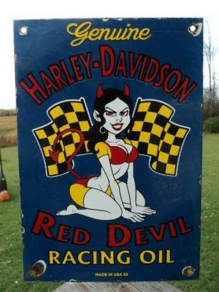 Old Vintage 1953 Motorcycle Red Devil Racing Oil Porcelain Advertising Sign