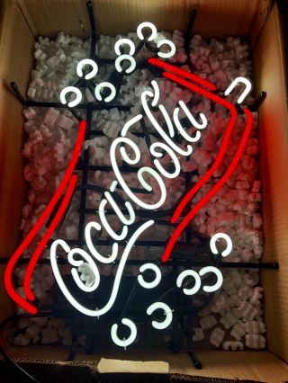 Coca Cola Neon Sign Glass / Cup With Straw Red And White 19 Inches X 26 Inches